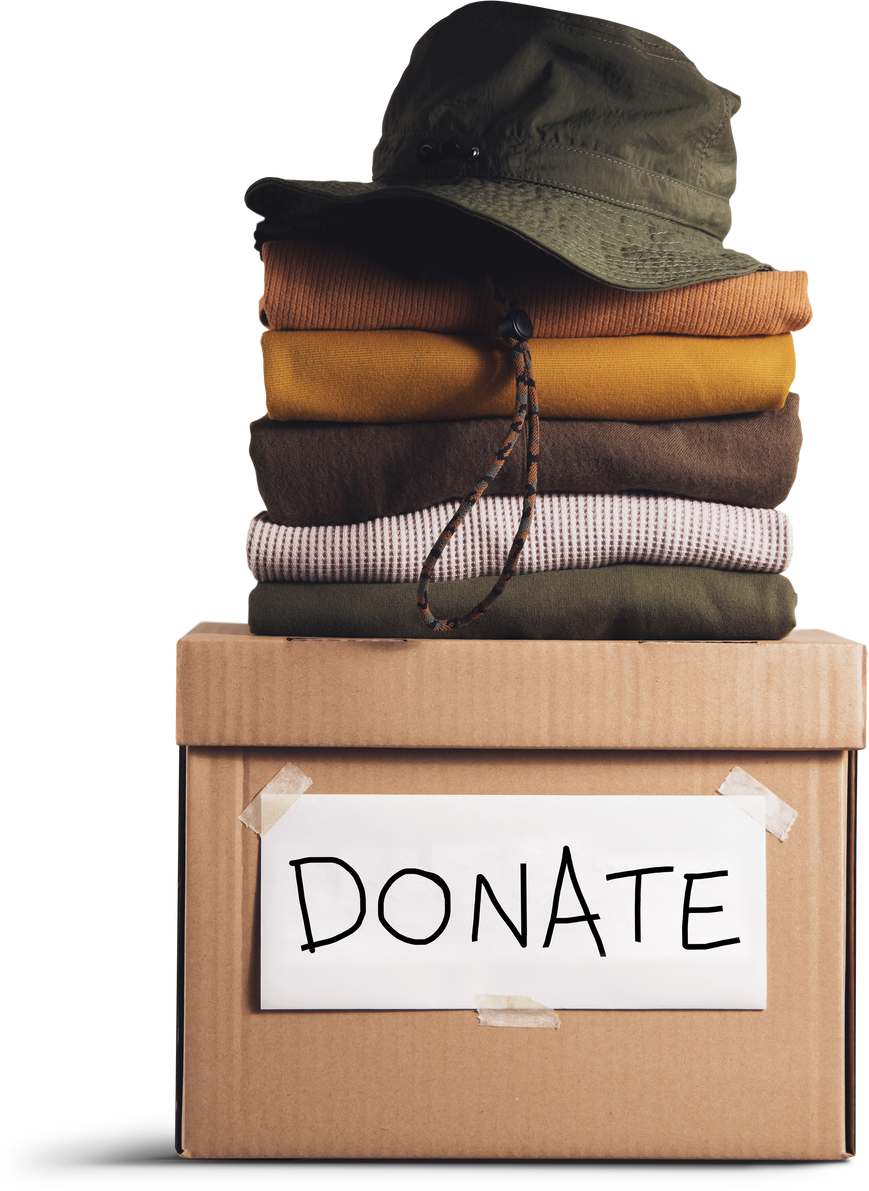 Donation Box with Pile of Clothes and Hat